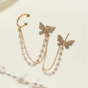 Butterfly Rhinestone Earrings With Cuff Chain